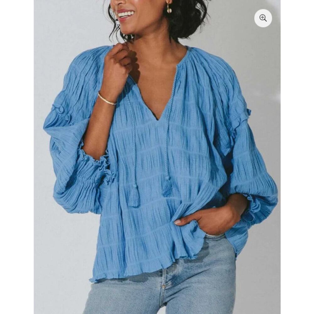 Cleobella Top Womens Small Azariah Blouse Blue Boho Prairie Peasant Gauze Tassel - Picture 2 of 10